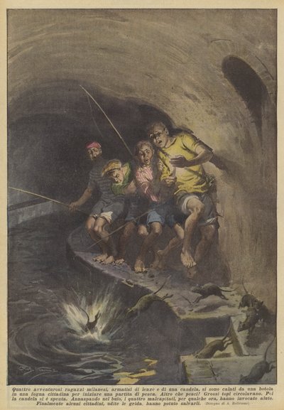 Quatre garçons aventureux de Milan, armés de lignes de pêche et d