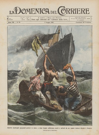 Quatre naufragés espagnols perdus en mer, et, après de longues souffrances, aperçus et sauvés - Achille Beltrame