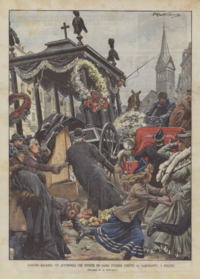 Collision macabre, une automobile qui renverse un corbillard en route vers le cimetière, à Berlin - Achille Beltrame