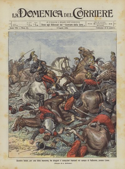 Collision fatale, due à une fausse manœuvre, entre dragons et cuirassiers français dans le camp de Valbonne, près de Lyon - Achille Beltrame