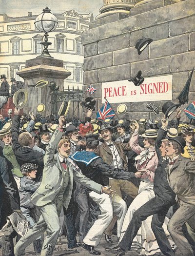 Seconde Guerre des Boers. Annonce de la fin de la guerre dans les rues de Londres. Illustration par Antonio Beltrame. « La Domenica del Corriere » - Achille Beltrame