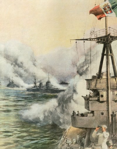 Convoi italien libérant un écran de fumée pour protéger les navires, illustration de La Domenica del Corriere, 8 août - Achille Beltrame