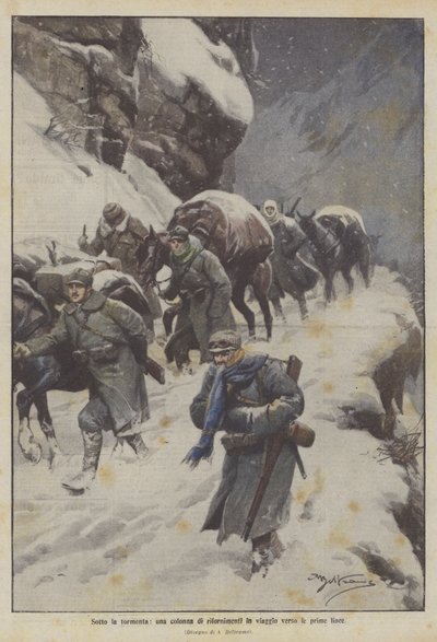 Sous la tempête, une colonne de ravitaillement en route vers les premières lignes - Achille Beltrame
