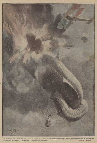 Sur le Carso, un de nos aviateurs attaque un ballon ennemi en observation qui tombe en flammes - Achille Beltrame