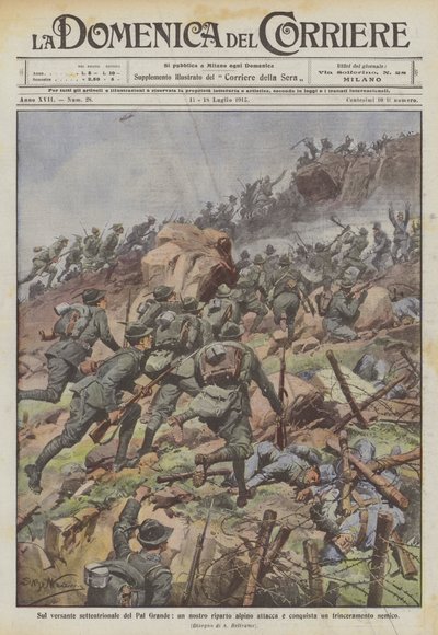 Sur le versant nord du Pal Grande, une de nos unités alpines attaque et conquiert une tranchée ennemie - Achille Beltrame