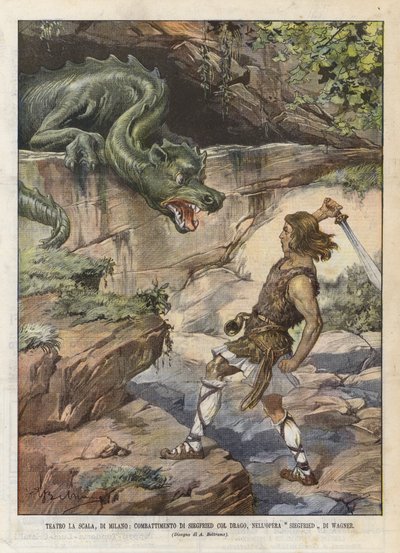 Théâtre La Scala, de Milan, combat de Siegfried avec le dragon, dans l