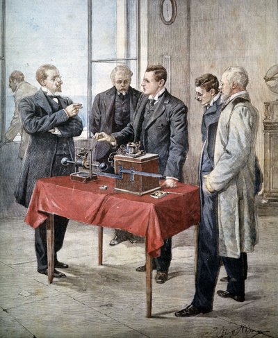 Les expériences de Guglielmo Marconi (1874 - 1937) en 1899 : Télégraphie sans fil à travers la Manche. Illustration d