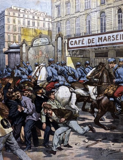 Les grèves ouvrières à Marseille : les hussards chargent sur la Canebière. Illustration de Beltrame. La Domenica del corriere. 1901 - Achille Beltrame