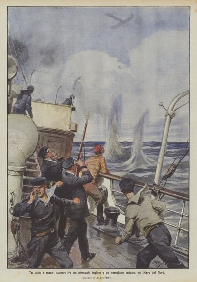 Entre ciel et mer, affrontement entre un paquebot anglais et un avion allemand, dans la mer du Nord - Achille Beltrame