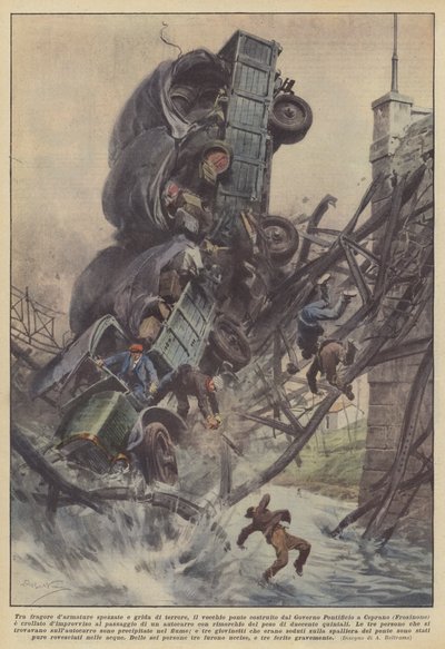 Dans le fracas des armures brisées et des cris de terreur, le vieux pont construit par le gouvernement - Achille Beltrame