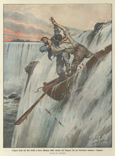 Lutte tragique entre deux rivaux à courte distance des chutes du Niagara qui ont ensuite emporté le bateau et les combattants - Achille Beltrame