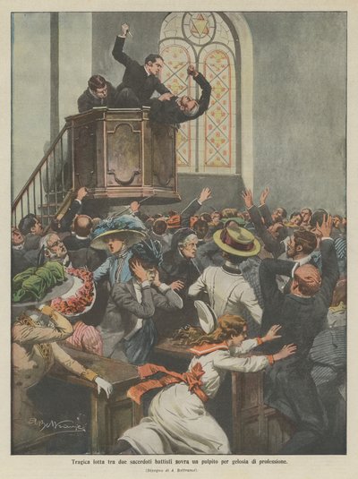 Tragique lutte entre deux prêtres baptistes sur une chaire par jalousie professionnelle (lithographie en couleur) - Achille Beltrame