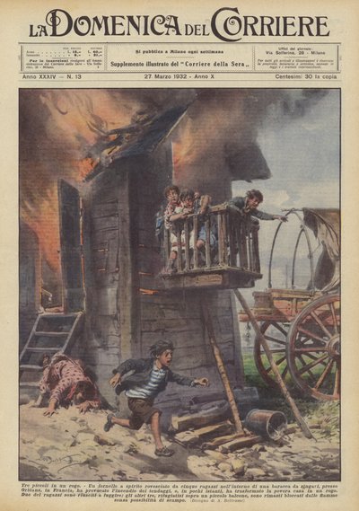 Trois petits dans un incendie - Achille Beltrame
