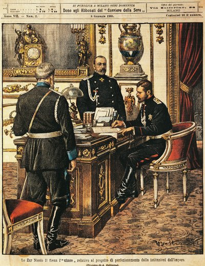 Le tsar Nicolas II signant le projet de réformes institutionnelles, de La Domenica del Corriere, 8 janvier 1905 - Achille Beltrame