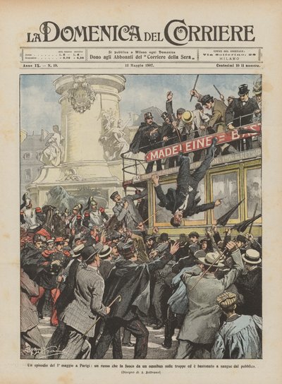 Un épisode du 1er mai à Paris, un Russe tirant depuis un omnibus sur les troupes - Achille Beltrame