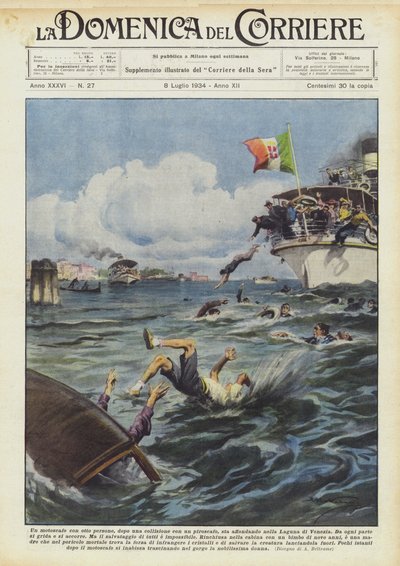 Un bateau à moteur avec huit personnes, après une collision avec un paquebot, est en train de couler dans la lagune de Venise - Achille Beltrame