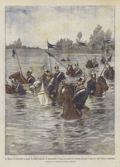 Un peloton de cavalerie en tenue de guerre traversant le Tessin - Achille Beltrame