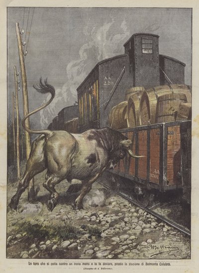 Un taureau se jetant contre un train de marchandises et le faisant dérailler, près de la gare de Belmonte Calabro - Achille Beltrame