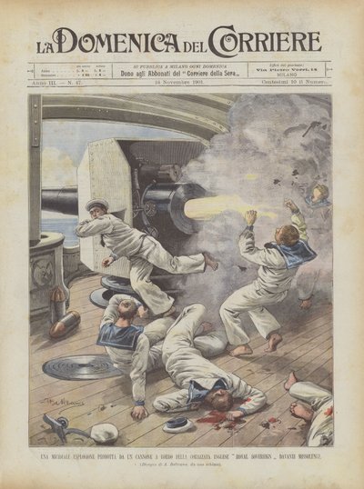 Une explosion meurtrière causée par un canon à bord du cuirassé anglais Royal Sovereign devant Missolonghi - Achille Beltrame
