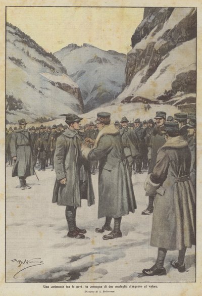Une cérémonie dans la neige, la remise de deux médailles d