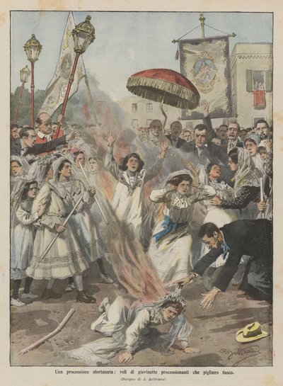 Une procession malheureuse, voiles de jeunes filles en procession prenant feu - Achille Beltrame