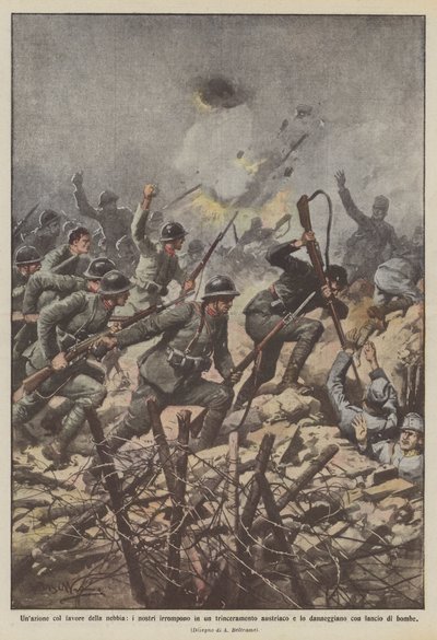 Une action sous le couvert du brouillard, nos troupes font irruption dans une tranchée autrichienne - Achille Beltrame
