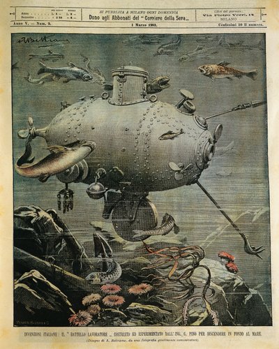 Vaisseau sous-marin pour explorer les fonds marins, illustration par Achille Beltrame - Achille Beltrame