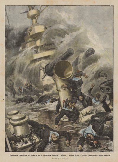 Une vague gigantesque se renverse sur le cuirassé français Gloire près de Brest, blessant gravement de nombreux marins - Achille Beltrame