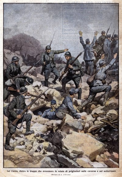 Première Guerre mondiale : front italien sur le plateau du Carso (Trentin) et prisonniers dans les souterrains. « Domenica del Corriere ». 07/1917 - Achille Beltrame