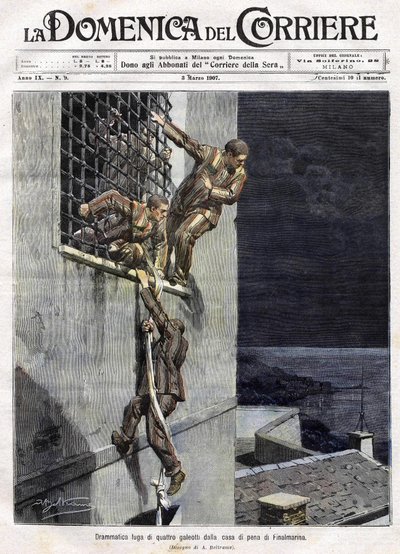 Évasion de trois prisonniers de la prison de Finalmarina en Italie en 1907. Illustration d