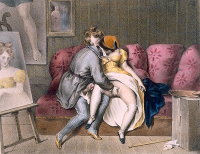 Artiste et Modèle: préliminaires manuels, c.1830-40 (lithographie en couleur) - Achille Devéria