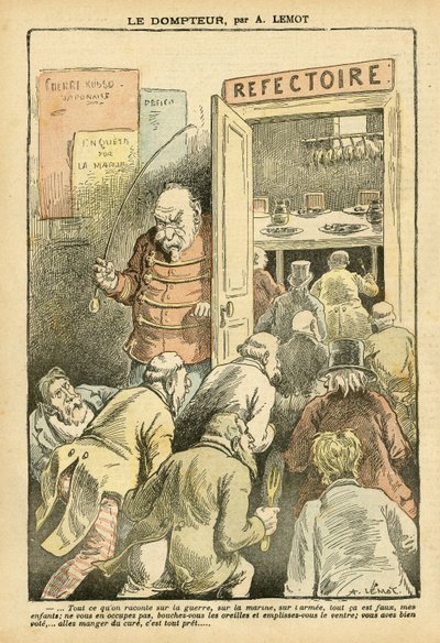Illustration de Achille Lemot (1846-1909) dans Le Pèlerin, 27/03/04 - Le dompteur - Restaurant Cafés, Gastronomie cuisinier - Combes Emile (1835-1921), Dompteur - Métaphore Alimentaire - Achille Lemot