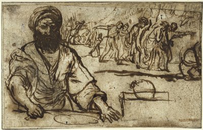 Un homme barbu assis, avec en arrière-plan un cortège de piétons et de cavaliers - Adam Elsheimer