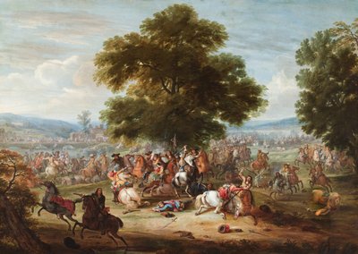 Un engagement de cavalerie dans un paysage boisé, un pont au loin (huile sur toile) - Adam Frans van der Meulen