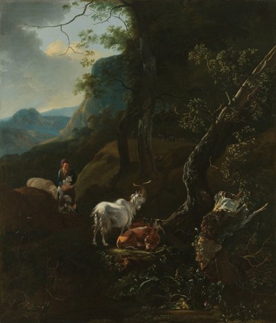 Une bergère avec des animaux dans un paysage montagneux - Adam Pijnacker