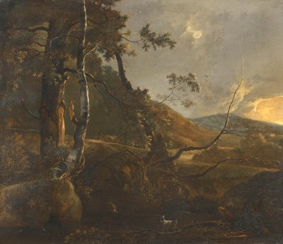 Paysage boisé avec un berger sur un chemin et une chèvre solitaire - Adam Pynacker