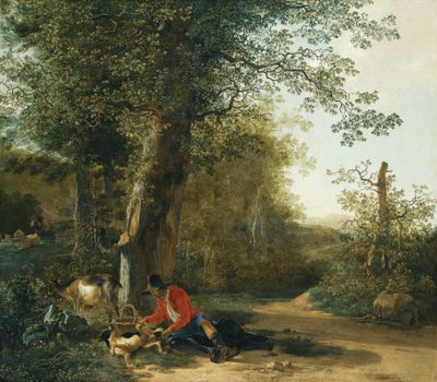 Paysan jouant avec son chien en se reposant à la lisière d