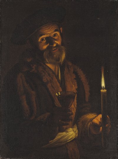 Vieil homme tenant une bougie et un verre - Adam de Coster