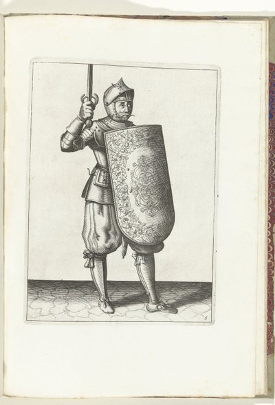Exercice avec la targe et le rapière: le soldat tient le rapière tiré pas plus haut que son visage (n° 5), 1618 - Adam van Breen