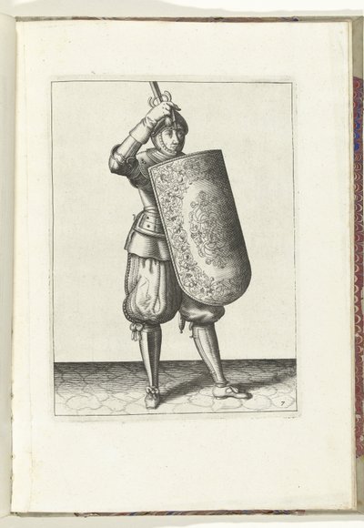 Exercice avec la targe et la rapière : comment le soldat doit fermer la visière de son casque avec la targe et la rapière dégainée dans la main (n° 7), 1618 - Adam van Breen