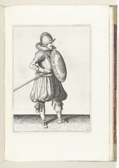 Exercice avec bouclier et lance : le soldat met la lance en position pour traîner, deuxième mouvement, 1618 - Adam van Breen