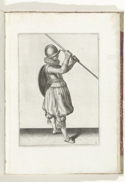 Exercice avec bouclier et lance : le soldat avec la lance en diagonale dans les deux mains et le bouclier sur le dos (n° 2), 1618 - Adam van Breen