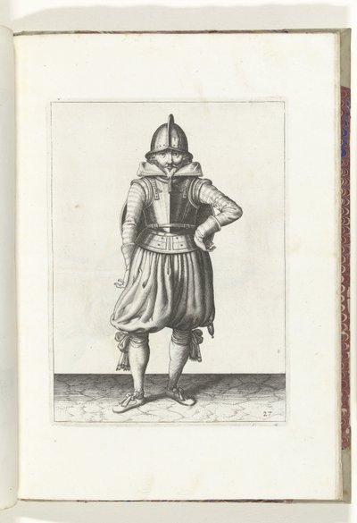 Exercice avec bouclier et lance : le soldat au repos avec le bouclier sur le dos (n° 27), 1618 - Adam van Breen