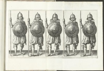 Exercice avec bouclier et lance : cinq soldats debout côte à côte avec la lance dans la main droite reposant sur le sol et le bouclier devant la poitrine (n° 31), 1618 - Adam van Breen
