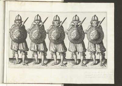 Exercice avec bouclier et lance : cinq soldats alignés avec le rapière dans la main droite et le bouclier sur la poitrine (n° 32), 1618 - Adam van Breen