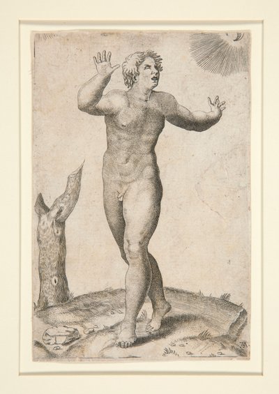 Un homme nu effrayé de voir la lune et le soleil dans le ciel en même temps - Adamo Scultori