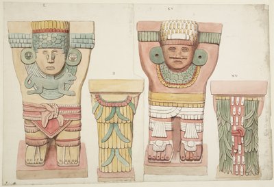 Caryatides II et XV de la chambre extérieure, Temple supérieur des Jaguars, Chichen Itza, Mexique (aquarelle) - Adela Breton