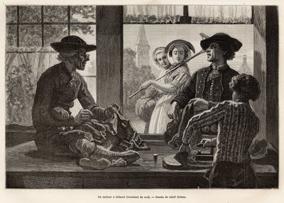 Un tailleur et son apprenti, travaillant au bord de la fenêtre pour profiter de la lumière et du spectacle des passants de la rue, à Rilland (Sud Beveland), gravure d