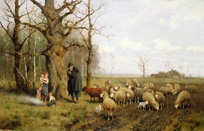 Enfants avec un berger et des moutons dans un paysage - Adolf Ernst Meissner