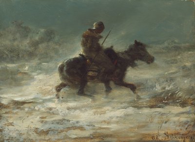 Homme avec lance traversant la neige, vers 1880 - Adolf Schreyer